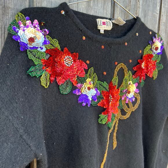 Vintage 80s Le Roy Knitting Lambswool Angora Floral 3-D Embroidery Sweater XL - Picture 2 of 5